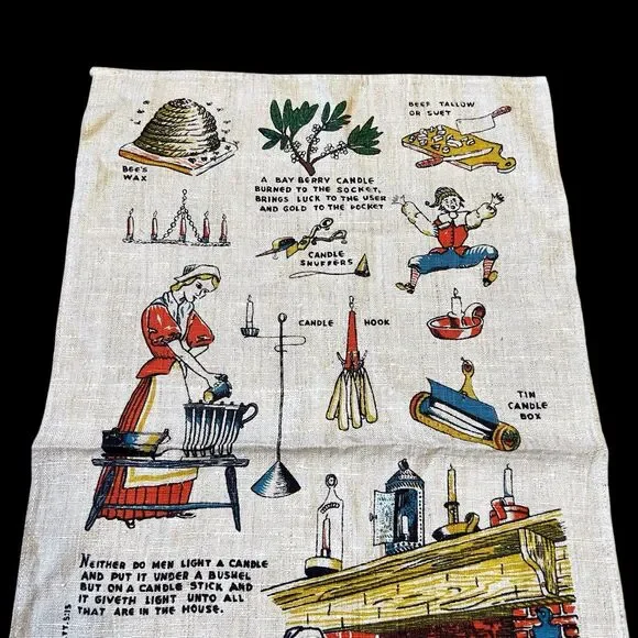 Vintage Colonial Candle Making Dish Tea Towel Linen Farmhouse Early American - Picture 2 of 3
